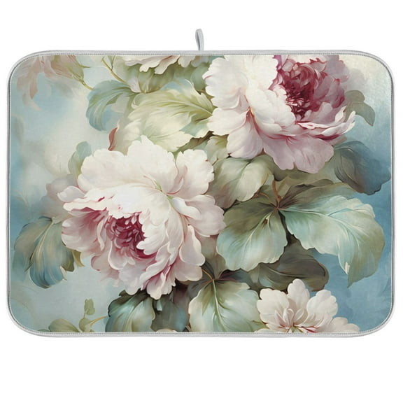 Peony Flowers and Leaves Dish Drying Mat Microfiber Kitchen Pad Large Counter Absorbent Dish Mats Drainer Rack 18"x24"