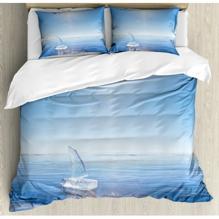 Photo Print Bedding Winter Queen Size Duvet Cover Set, Icy Boat in Sunny Weather with Open Sky Cool Blue Tones Seascape Photograph Print, Decorative 3 Piece Bedding Set with 2 Pillow Shams, Blue White, by Ambesonne ()
