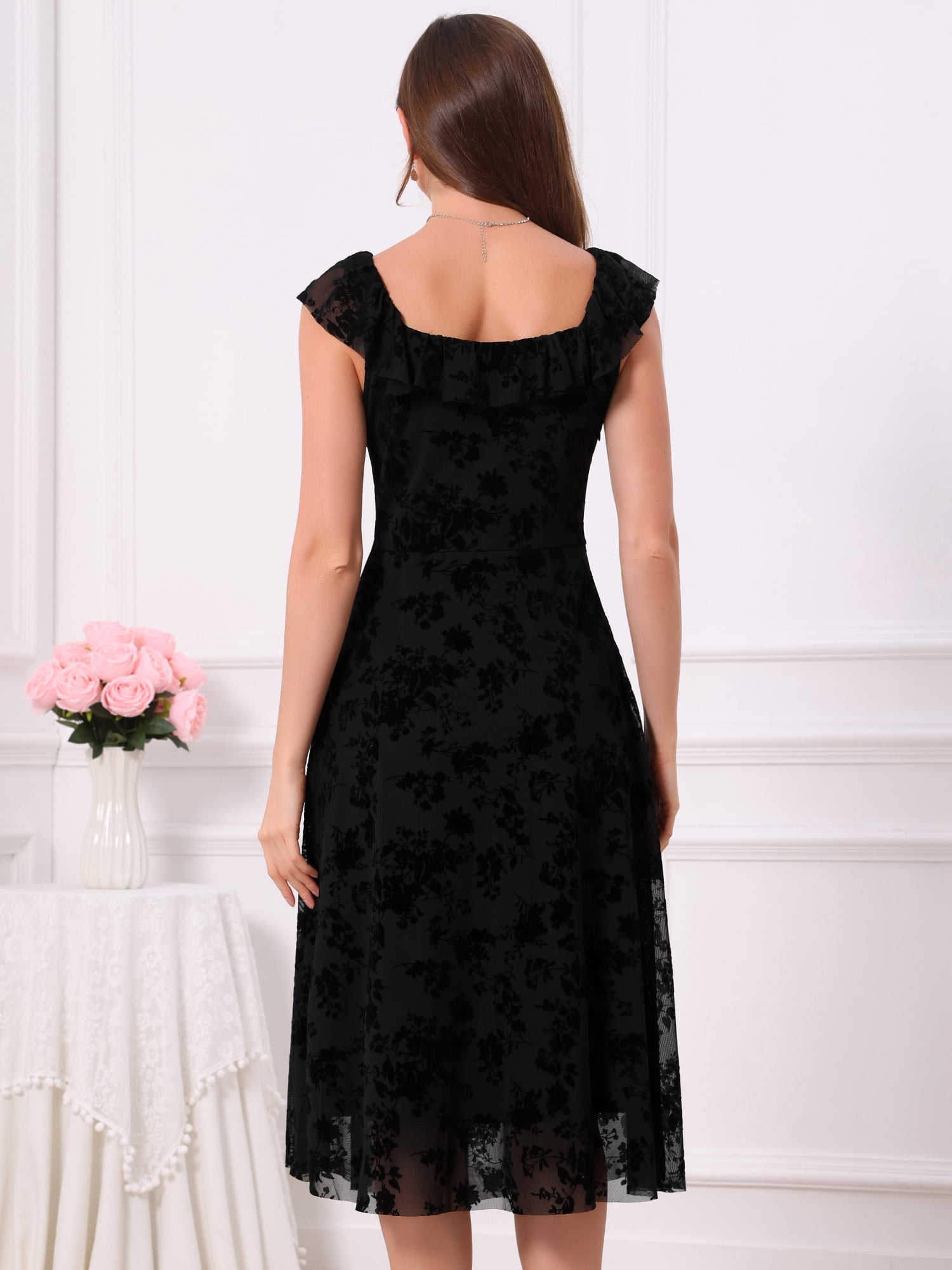 DARING DIVA Women's Gothic Sweetheart Neck Sleeveless Floral Dress XL Black