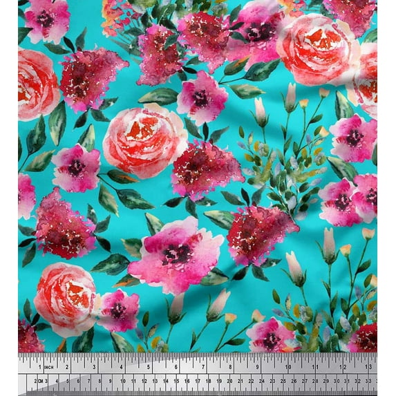 Soimoi Cotton Poplin Fabric Leaves & Rose Flower Print Fabric by Yard 56 Inch Wide