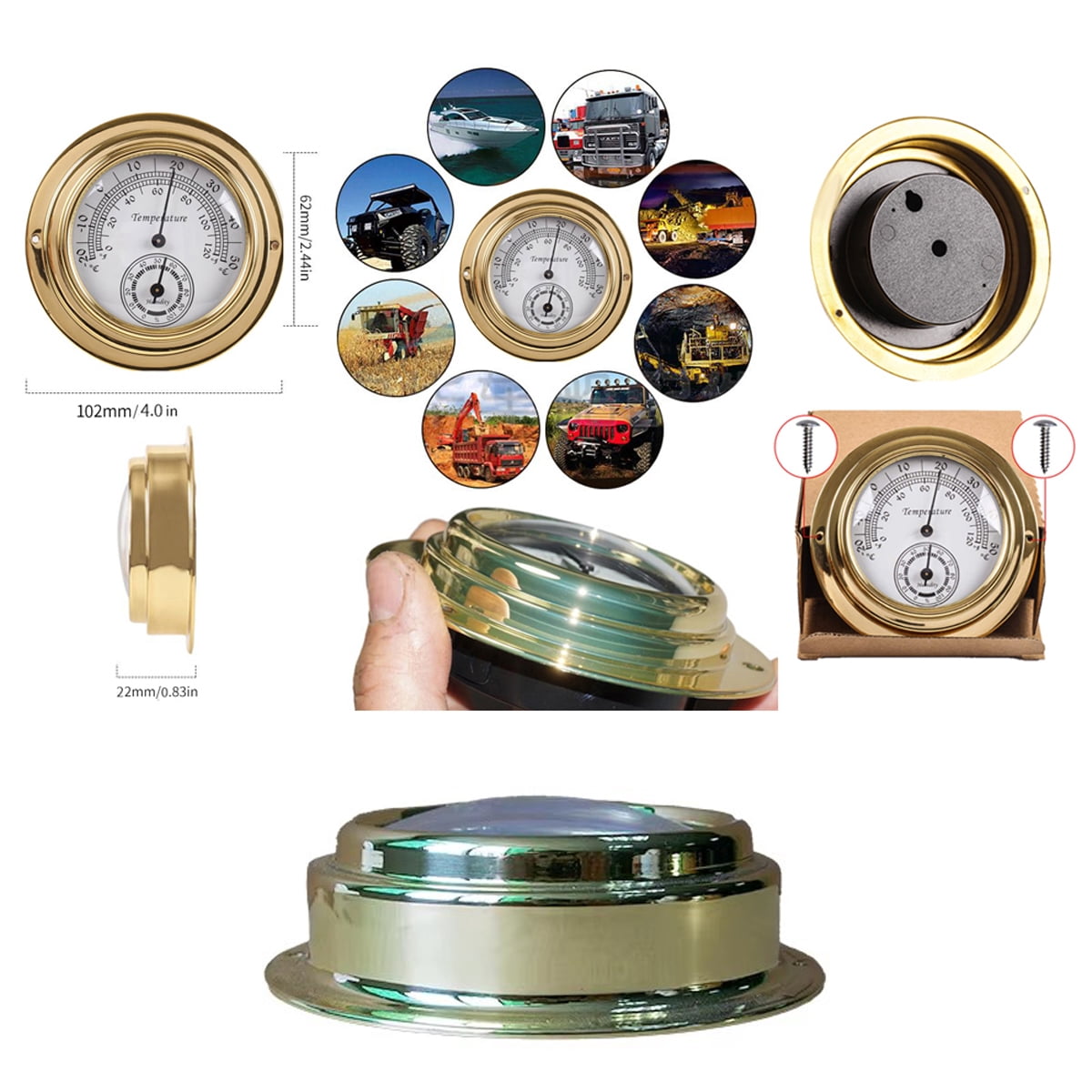 4-inch Dial Retro Brass Case Thermometer Hygrometer 0°F - 120°F Indoor Outdoor Wall Mounted Humidity Meter