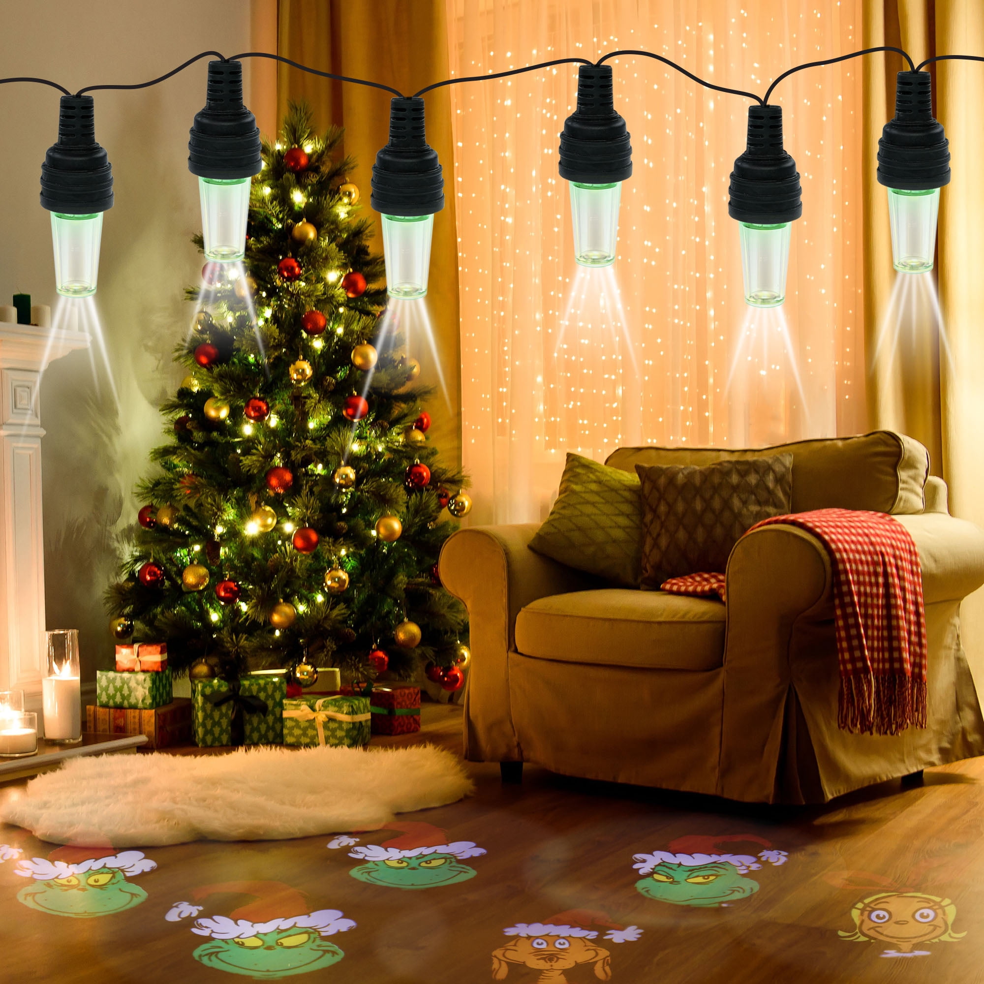 Dr. Seuss Grinch Projector Bulb String Lights, 72‑inch
