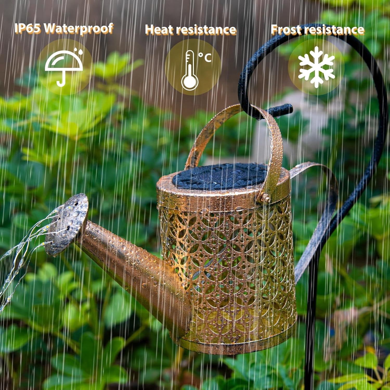 Solar Kettle Shower Lamp, Wrought Iron Outdoor Garden Light with Warm White LED String Lights, Watering Can Design Solar Powered Decorative Light for Patio, Yard and Party