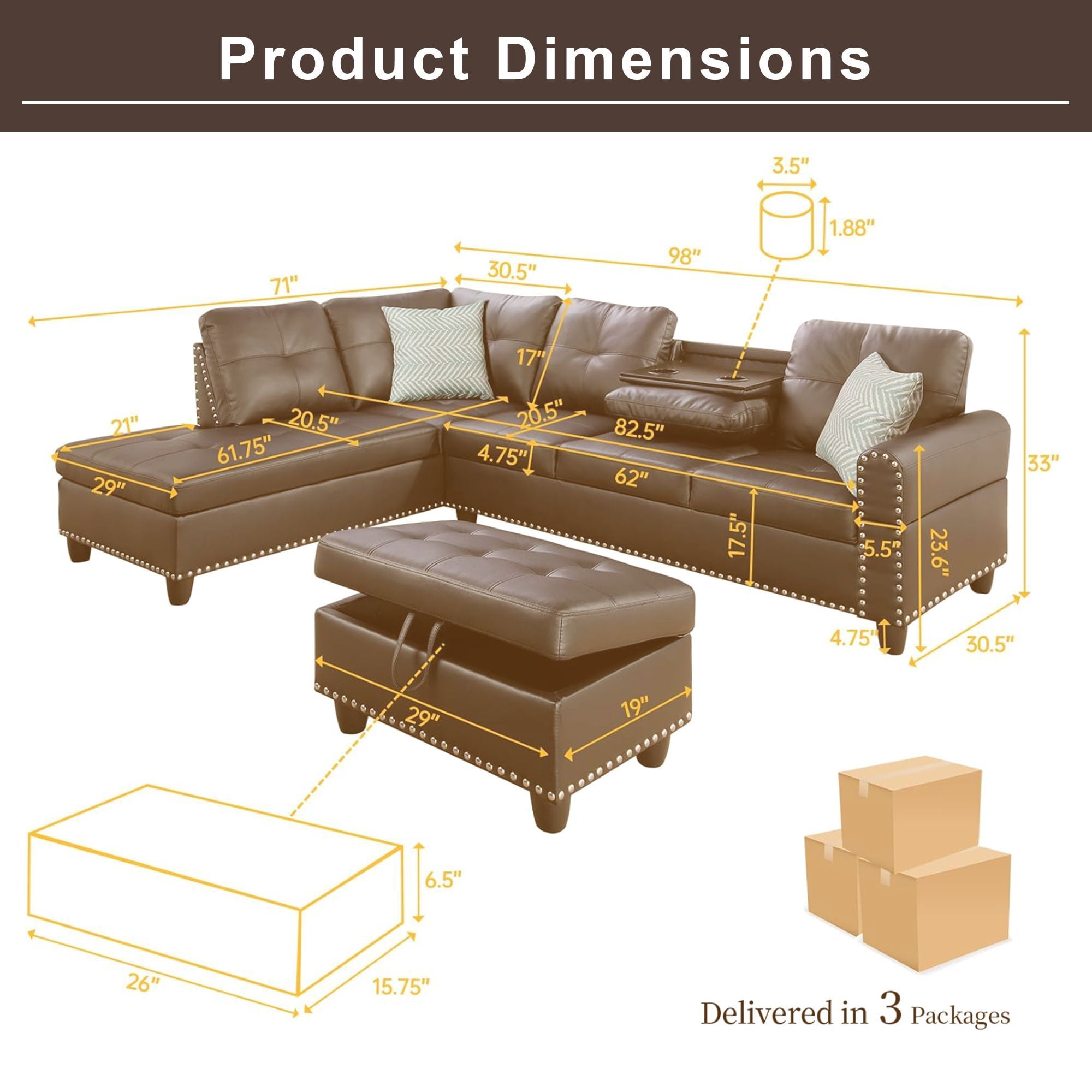 DEALTOPS L-Shaped Sectional Sofa Set with Storage Ottoman - Leather Upholsted Sofa Couch, Nailhead Trim, Black