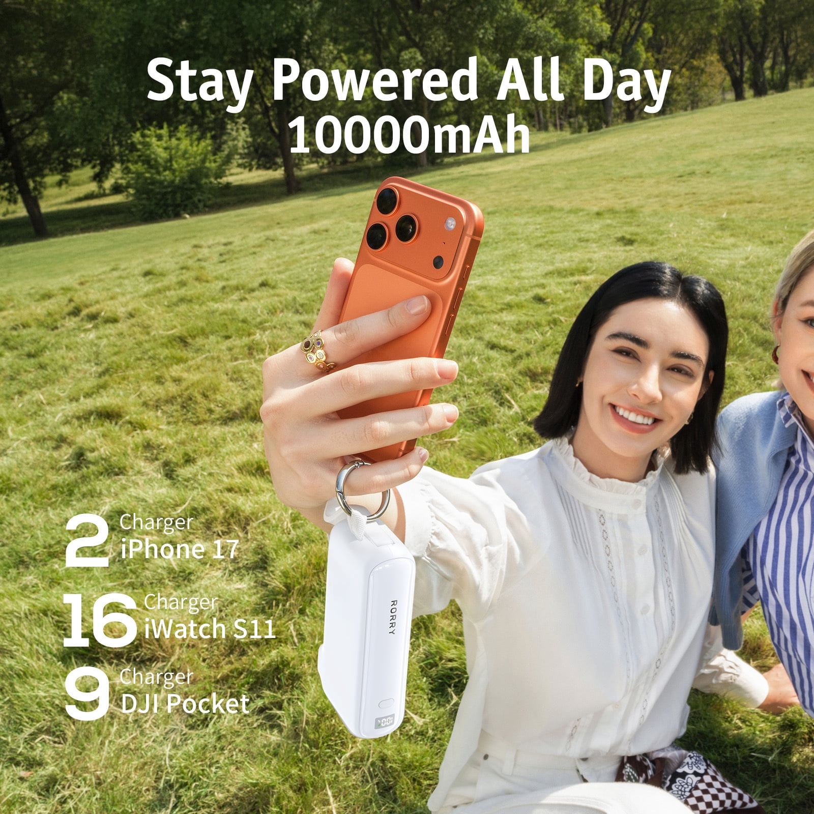 RORRY Flow 10000mAh Portable Charger with Built-in USB-C Cable & Foldable Wall Plug, 40W Fast Charging Power Bank Compatible for iPhone 17/16/15, Apple Watch, iPad, MacBook, Android, Berry pink