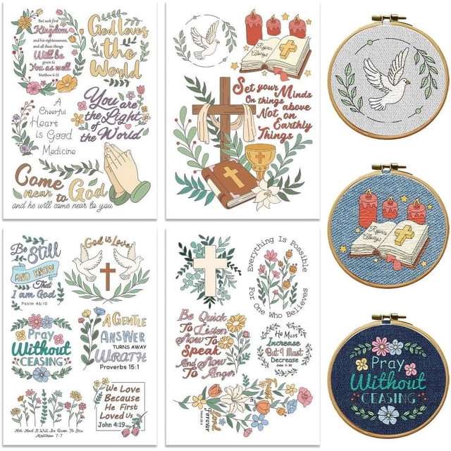 Water Soluble Embroidery Patterns with Color for Beginners Bible Verses and Flower 4 Sheets with 19pcs Wash Away Embroidery Pattern Stabilizer for Hand Sewing Women Adults