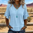 thumbnail image 5 of Womens Tops Summer Casual Fringe Distressed V Neck Shirts Short Sleeve Fringe Cotton Linen Blouses Edge Hem Sky Blue M, 5 of 6