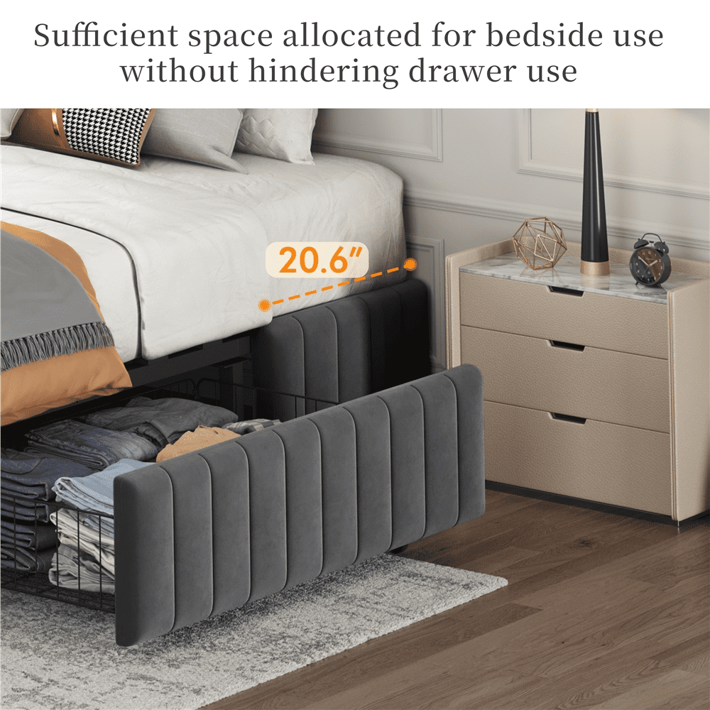 Fullfurnique Upholstered Platform Bed Frame with Three Storage Drawers, Full, Dark Gray