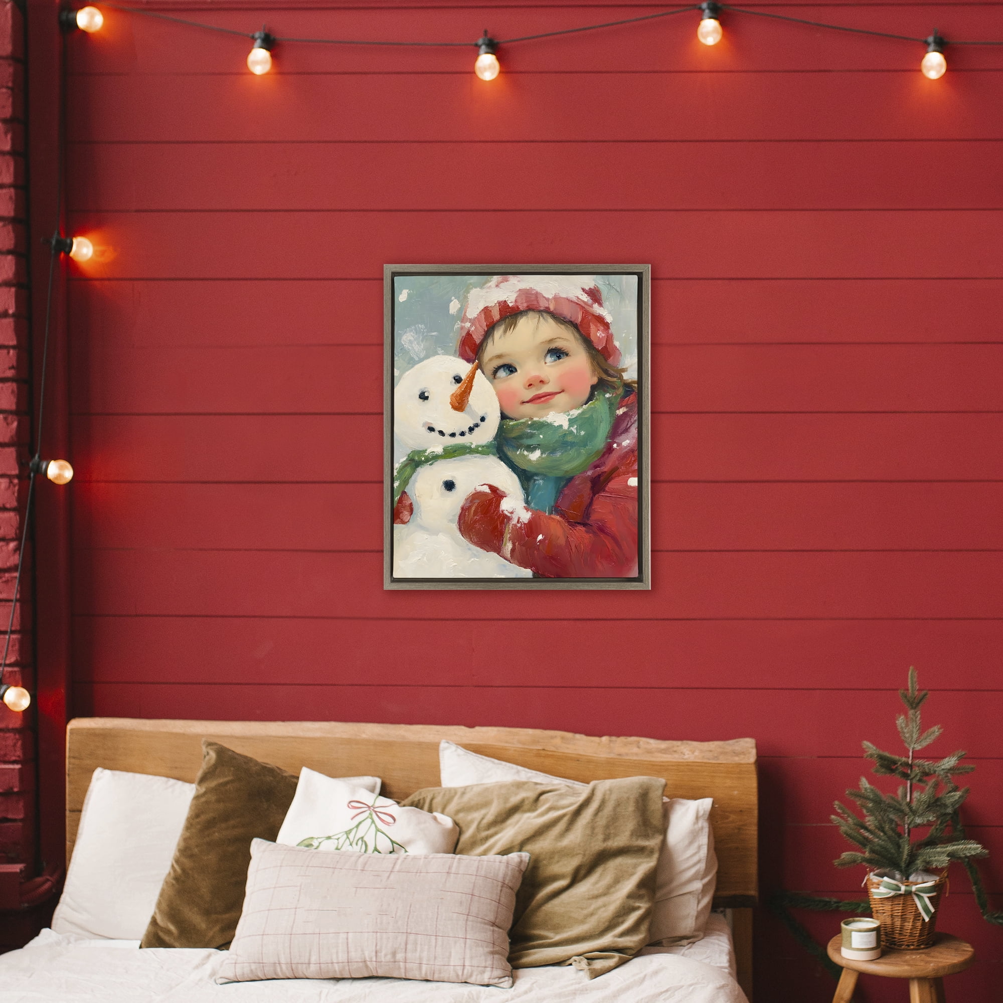 Stupell Industries Christmas Girl & Snowman Embrace Brown Framed Floater Canvas Wall Art, design by The Prints Vibe