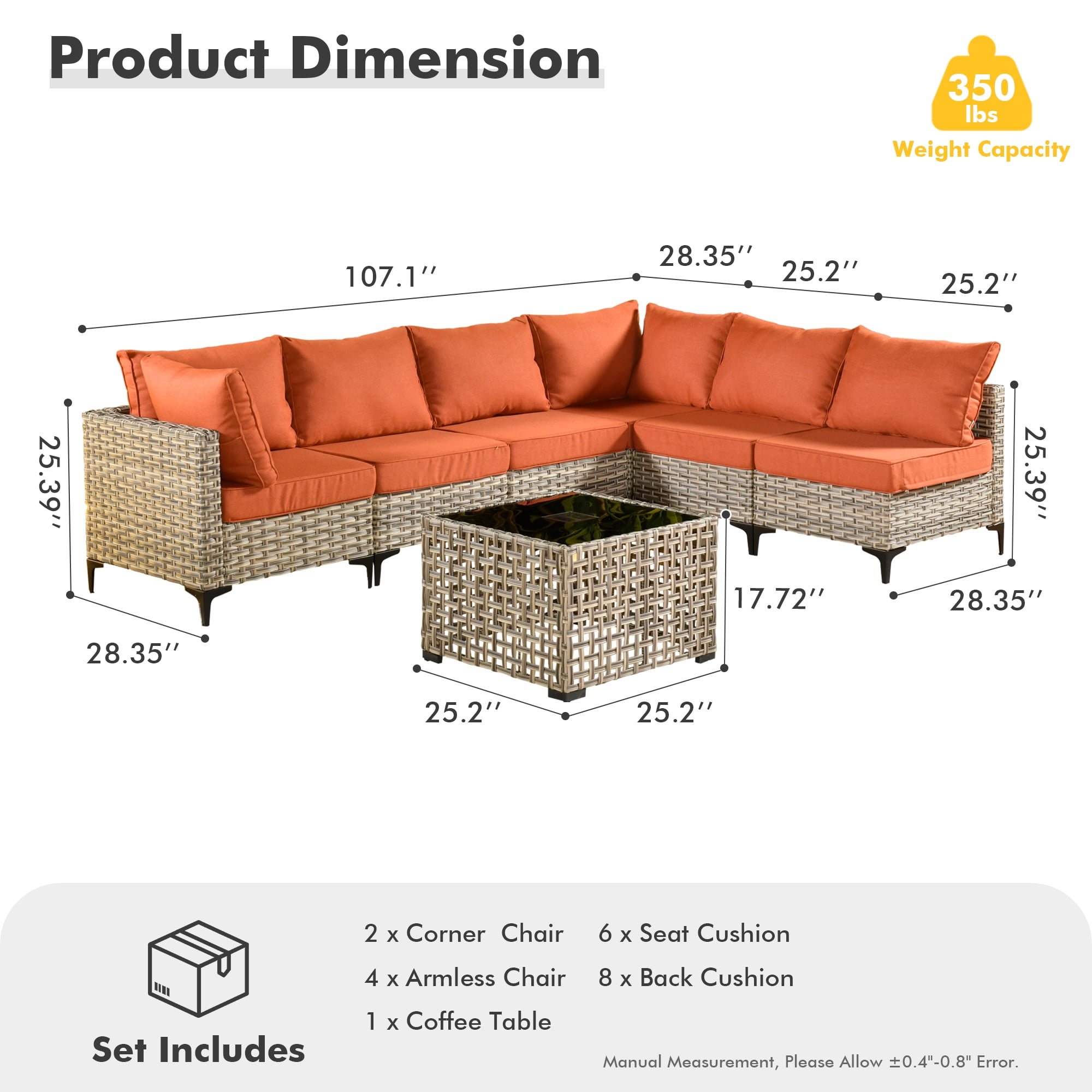 Ovios 7 Pieces Outdoor Patio Furniture Wicker Conversation Sectional with Solar Lamps Coffee Table for Backyard