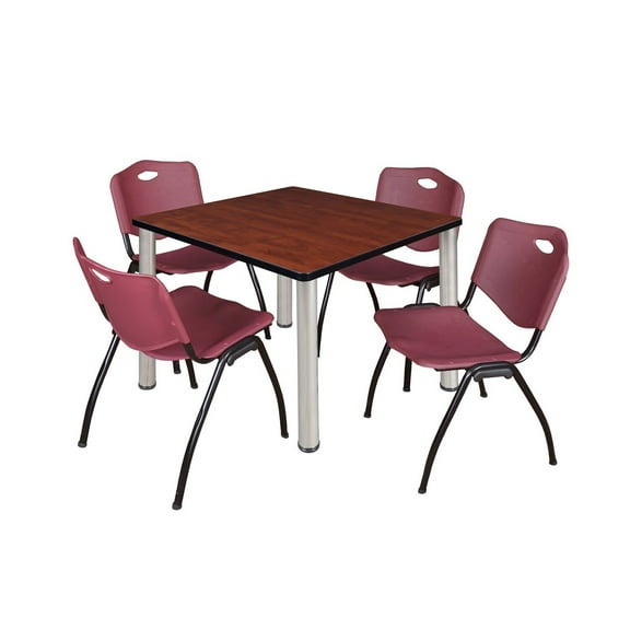Homestock Gothic Grandeur 36" Square Lounge Table Cherry/ Chrome With 4 'M' Nesting Chairs, Burgundy - Ergonomic Breakroom Furniture Set For Staff Break Room, Tables & Chair, Breakroom Set