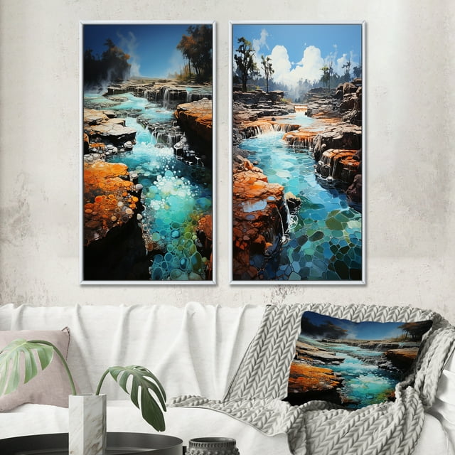Designart "Geyser Erupting Azure Collage II" Geyser Framed Wall Art Set Of 2 - Turquoise Landscapes Framed Wall Art Set Of 2
