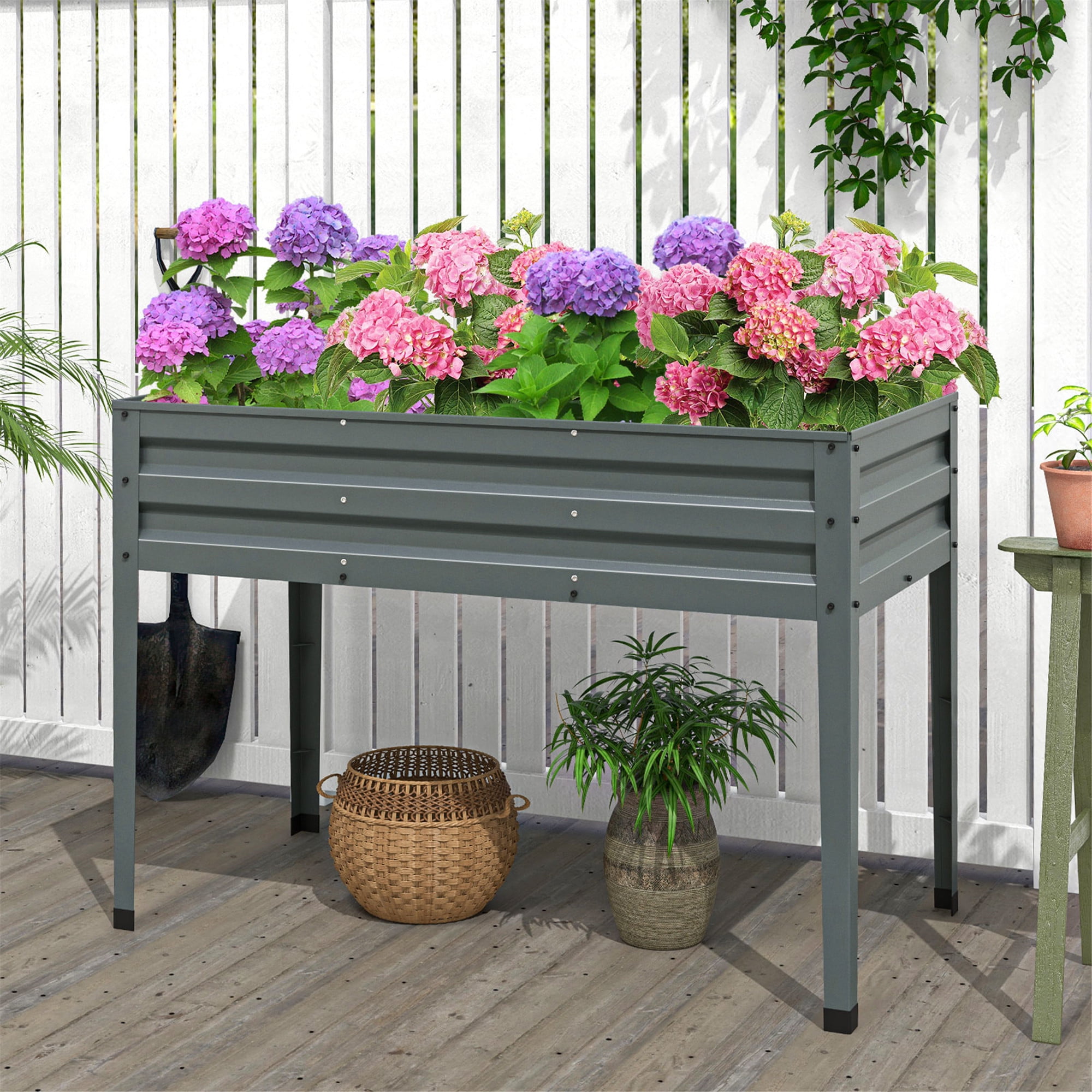 Gymax 46'' x 24'' x 32'' Galvanized Raised Garden Bed w/ Legs Drainage Holes for Flowers Grey