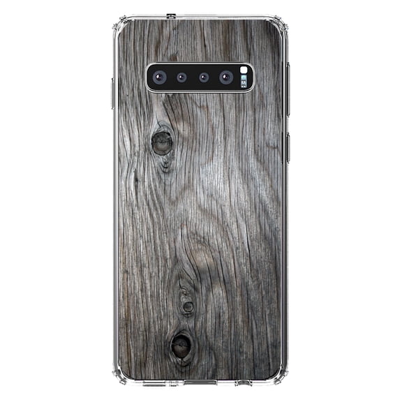DistinctInk Clear Shockproof Hybrid Case for Samsung Galaxy S10 (6.1" Screen) - TPU Bumper, Acrylic Back, Tempered Glass Screen Protector - Grey Weathered Wood Grain Print - Printed Wood Grain Image