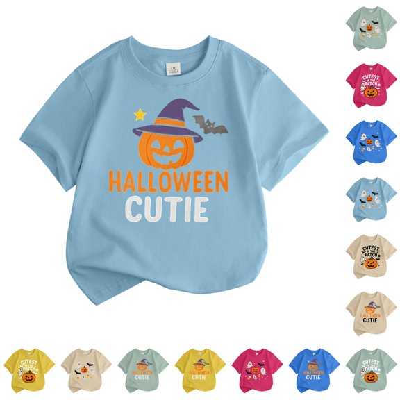 CUZIBR Boys Toddler Kids Summer Tops Halloween Pumpkin Graphic Tee Short Sleeve Funny Print Loose Fit Crewneck Tshirts For Kids Fashion Casual Base Layer Lightweight Clothes,C-Sky Blue,4-5 Years