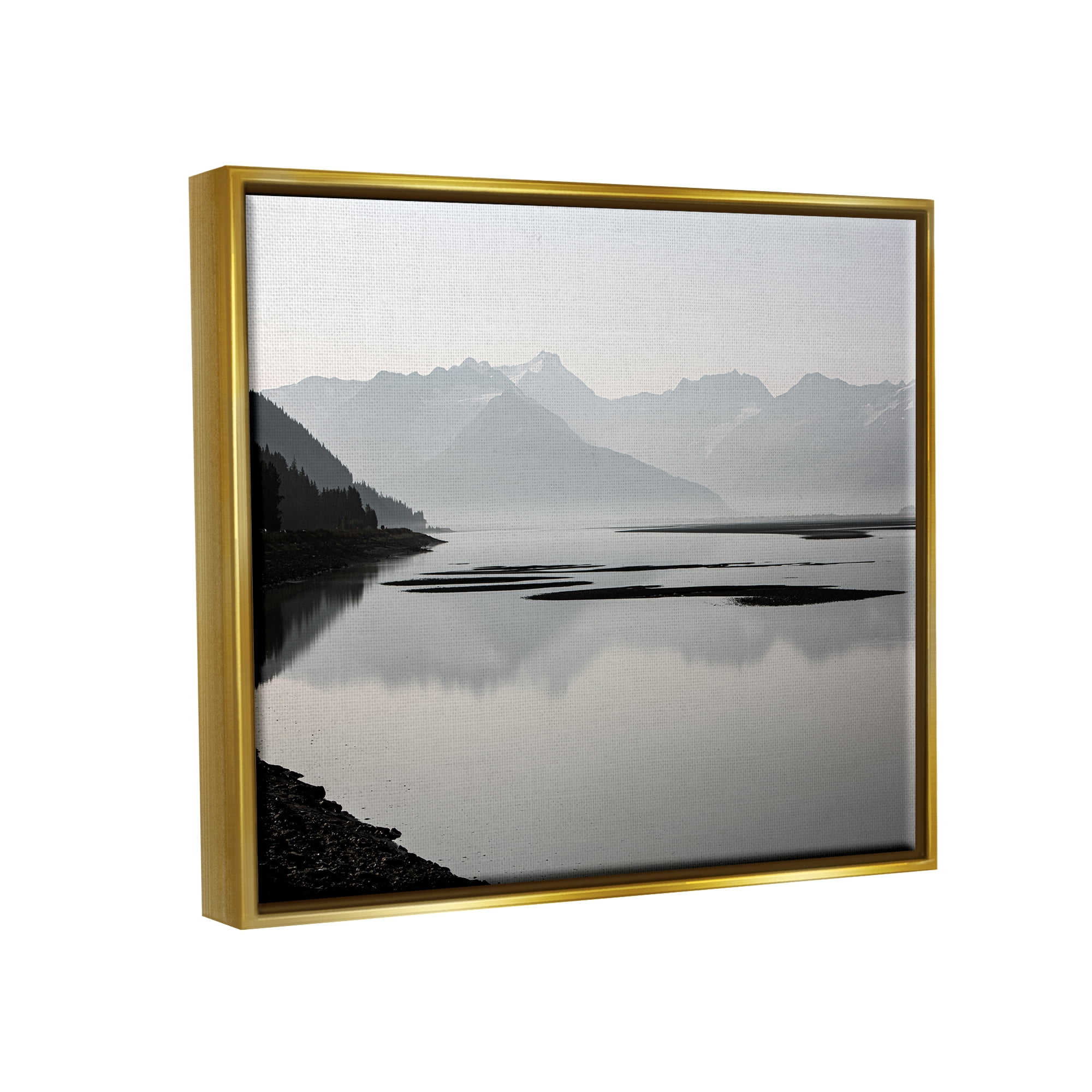 Stupell Industries Grey Mountain Peaks Lake Reflection Coastal Photography Gold Floater Framed Art Print Wall Art