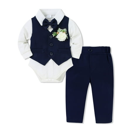 

Newborn Baby Boy Clothes Suit Infant 0-18M Outfit Formal Dress Shirt Vest Tie Corsage Pants 5Pcs