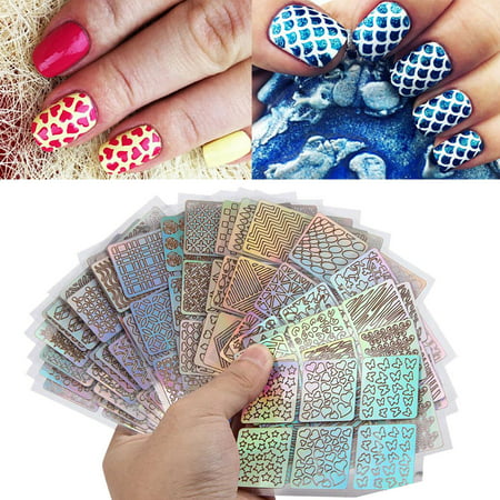 DZT1968® 24 Sheets New Nail Hollow Irregular Grid Stencil Reusable Manicure (Best Way To Apply Nail Stickers)