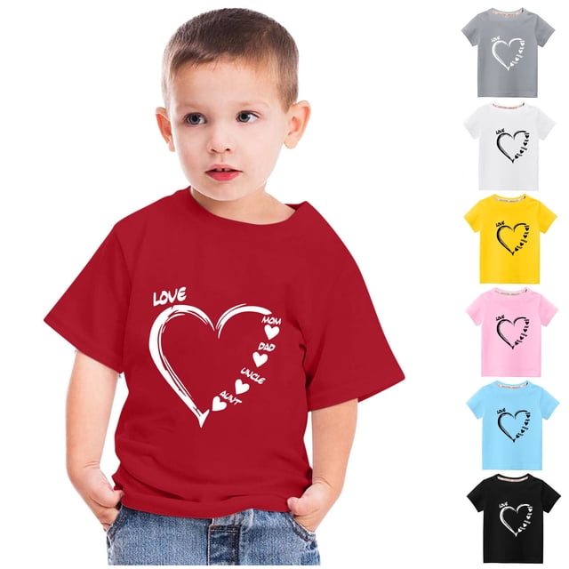 Zwiiyzr Hauts d'Été Garçons Filles Tout-Petits Enfants Tendance Mignon Couleur Unie Col Rond Saint-Valentin Imprimé Cœur Manches Courtes Rouge