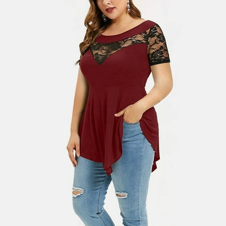 

Womens Plus Size Tops Dressy Casual Short Sleeve Lace Floral Pathwork T Shirt Flowy Irregular Hem Crewneck Sheer Tee