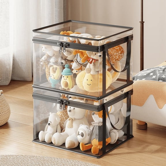 2 Pcs Plush Toy Storage Bins, Stuffed Doll Organizer, Clear Toy Organizer with Zip Lid and Handles, Stackable Foldable Storage Box Set for Bedroom Living Room Playroom