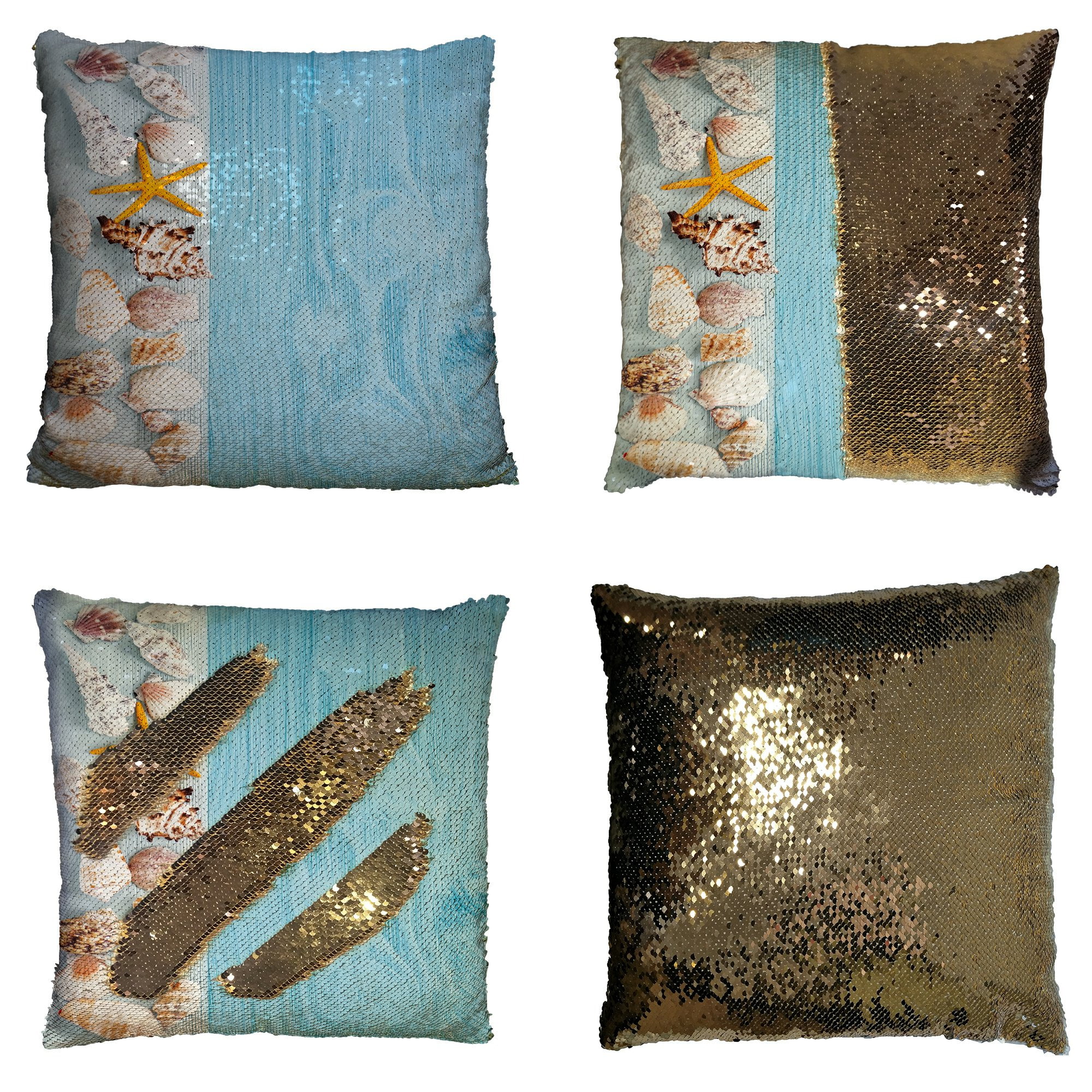 Gckg Ocean Beach Theme Pillowcase Starfish And Seashells On Blue Wooden Background Reversible Mermaid Sequin Pillow Case Home Decor Cushion Cover 20x20 Inches Walmart Com Walmart Com