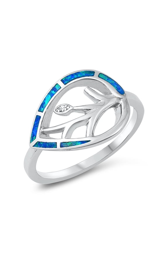 Blue Simulated Opal Cutout Mosaic Leaf Ring .925 Sterling Silver Band CZ Jewelry Female Size 10