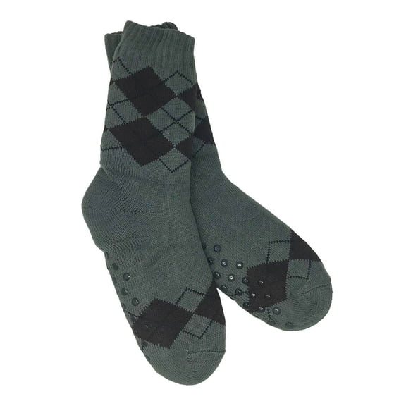 Women’s Argyle Pattern Sherpa Lined Slipper Socks in Gray and Brown, Non-Slip, One Size