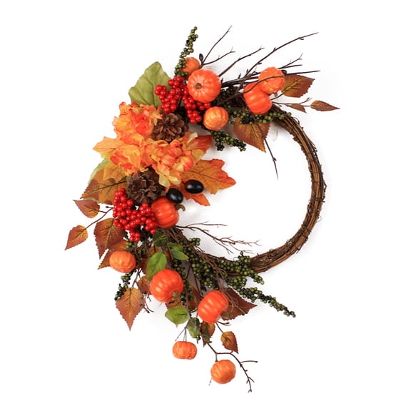 Matoen12 Artificial Fall Pumpkin Maple Leaf Wreath, Household Door Decor Hanging Garland Polyester Fake Flower Pendants, Welcome Home Decorations for Thanksgiving Halloween, 1PC, Orange, 20"x13"
