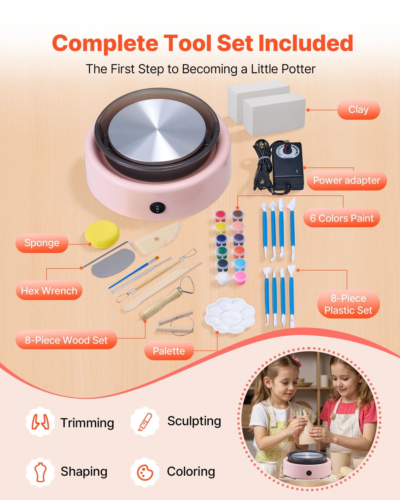Mini Pottery Wheel 6 Inch Turntable Adjustable Speed Forward Reverse Rotation Electric Clay Wheel with Shaping Tools for Kids Beginners Home DIY Pottery Classes Pink