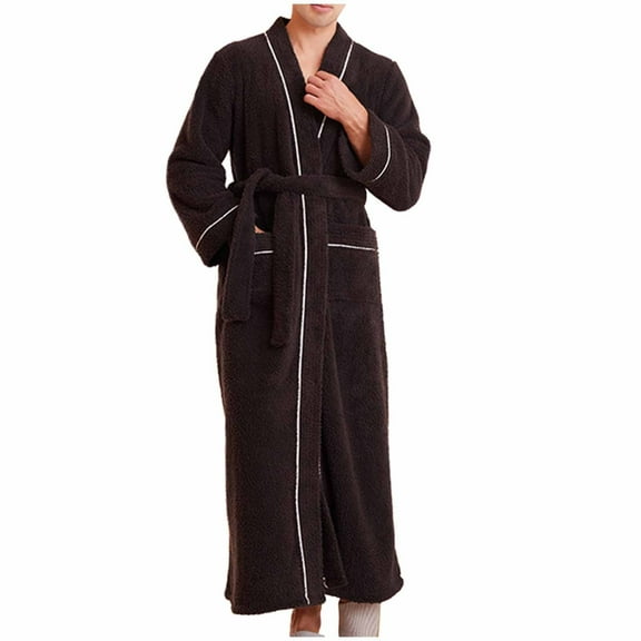 Agkizg Plus Size Men's Fleece Lined Bathrobe,Long Robes for Men's House Robes,Mens Bathrobe Turn-Down Collar Knee-Length Long Robe with Straps Solid Color Plushs Sleepwear Home Wear