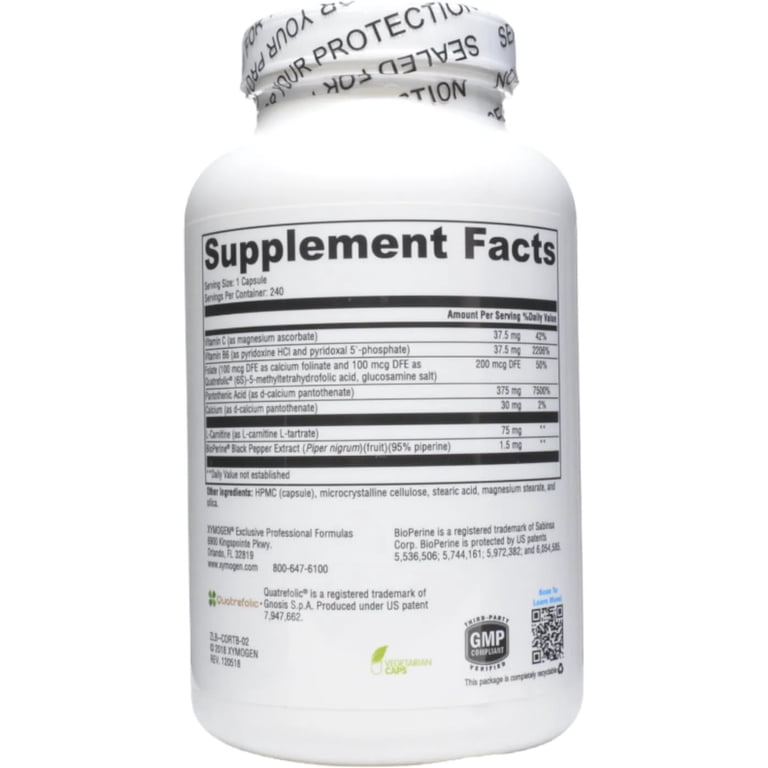 is l-carnitine good for adrenal XYMOGEN Corticare B - Cortisol Support Supplements with Vitamin C, L Carnitine & Bioavailable Quatrefolic Folate Supplement Size:1 gallon - BactiMAX+ Natural Clarifier AGE-R Glutathione Glow Capsule Thianine