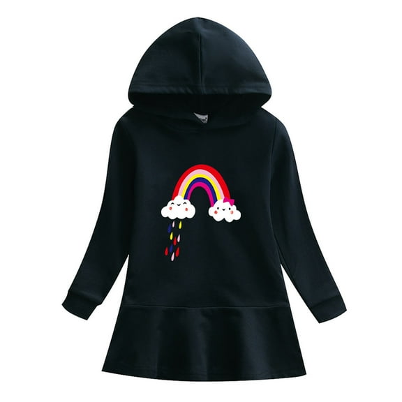 Dress for Girls Hooded Jumper Hoodie Sweatshirt Cotton Causal Long Sleeve Fashion Dress with Print Kids Black 3-4 Years