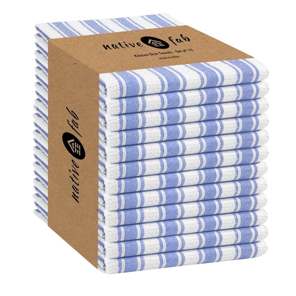 Native Fab Striped Kitchen Towels Set of 12, 100% Cotton, 16"x26", Quick Dry Dish Cloths, Sky Blue White