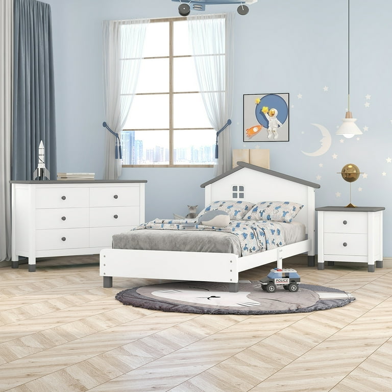 Churanty 3 Pieces Twin Bedroom Sets Wooden Kids Bedroom Furniture Sets with Twin Size Platform Bed Nightstand 6 Drawers Storage Dresser for Boys
