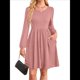 thumbnail image 1 of Vestido de Mujer con Mangas Largas Tipo Farol, Cuello Redondo, Falda Evasé, Moda de Otoño Rosa L, 1 of 7