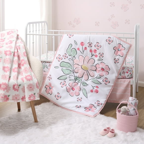 The Peanutshell Pink Floral Fun 5 Piece Crib Bedding Set for Baby Girls, Nursery Set with Blanket