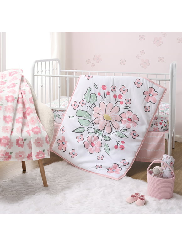 The Peanutshell Pink Floral Fun 5 Piece Crib Bedding Set for Baby Girls, Nursery Set with Blanket