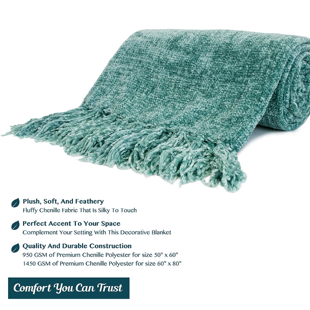 PAVILIA Teal Green Chenille Throw Blanket for Couch, Soft Turquoise Knit Blanket with Tassel Fringe, Woven Chenille Knitted Decorative Blanket for Sofa Bed Living Room, Decor Gift, 50x60