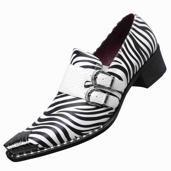 Men's Zebra Print Double Monk Strap Dress Shoes - Faux Leather Square Toe Loafers with Metal Buckles Slip-On