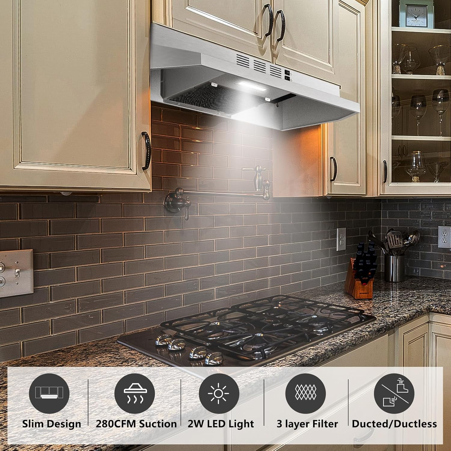30 inch Range Hood Under Cabinet, Stainless Steel Kitchen Vent Hood 280CFM, Built-in Kitchen Stove Hood w/Rocker Button Control, Ducted/Ductless Convertible Duct, 2 Speeds Fan, Bright LED Light