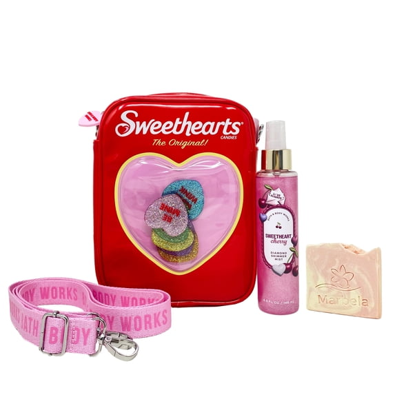 Bath & Body Works Sweetheart Cherry Diamond Shimmer Mist and Sweethearts Crossbody Bag Gift Set with a Himalayan Salts Springs Sample Soap
