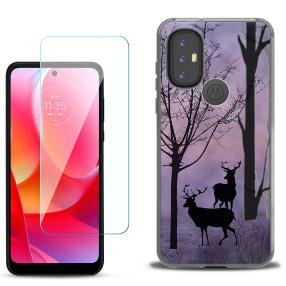 Slim-Fit Gel TPU Phone Case for Motorola Moto G Power 2022, with Tempered Glass Screen Protector, by OneToughShield ® - Forest/Deer/Twilight