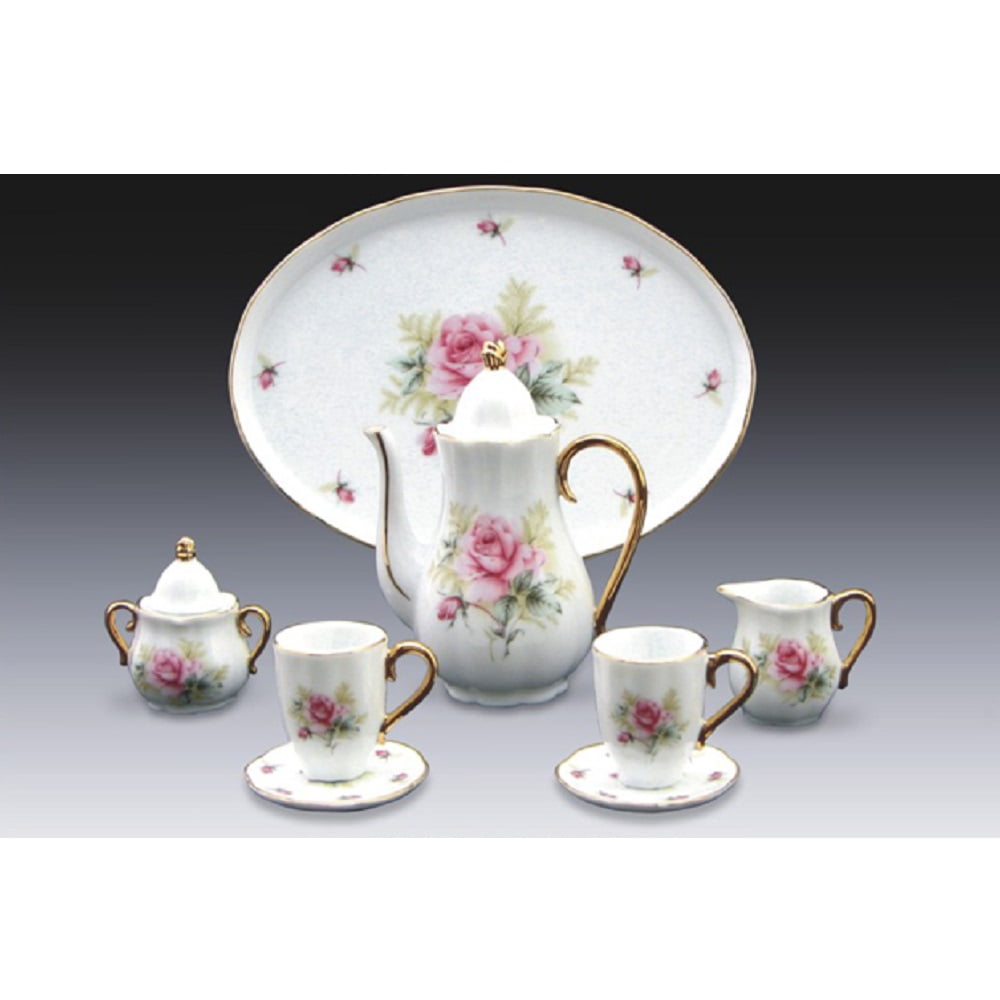 Miniature Porcelain 10 Piece Tea Set with Rose Pattern New