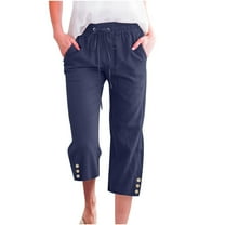 QUYUON Women Capris Pants with Pockets Buttons Elastic Waist Capris for Casual Summer Clearance Drawstring Cotton Linen Cropped Pants Straight Leg Crop Pants Trouser Style P-340 Navy S