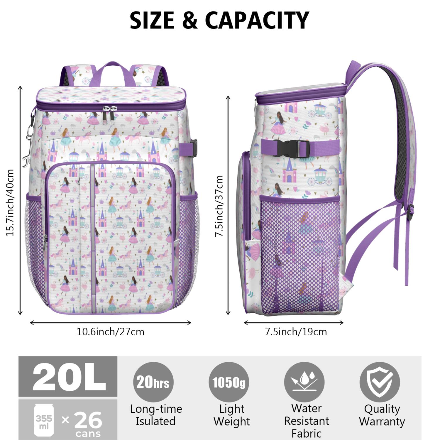 Travel Cooler Bag - Princess Castle & Unicorn Pattern Camping Beer Cooler Backpack with Bottle Opener- Waterproof Insulated Picnic Backpacks - Cooler Bag for Beach
