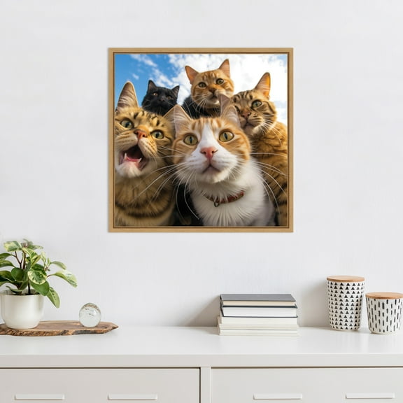 Kate and Laurel Sylvie Funny Animal Cat Selfie Framed Canvas Wall Art by The Creative Bunch Studio, 22x22 Natural, Funny Cute Animal Art for Wall