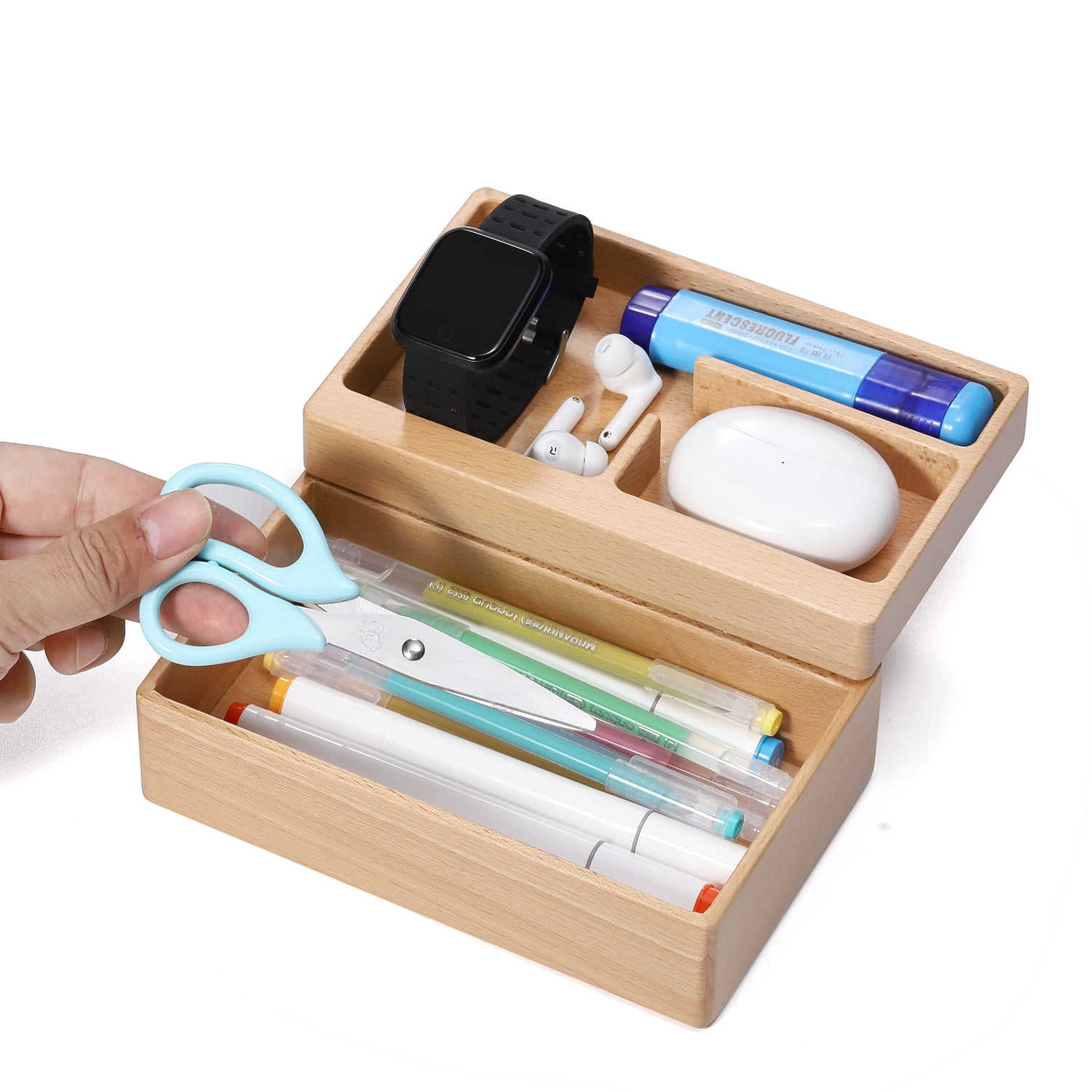 Valet Tray Box, Beech Wooden Storage Box with Magnetic Rotating, Office Desk Daily Supplies Organizer