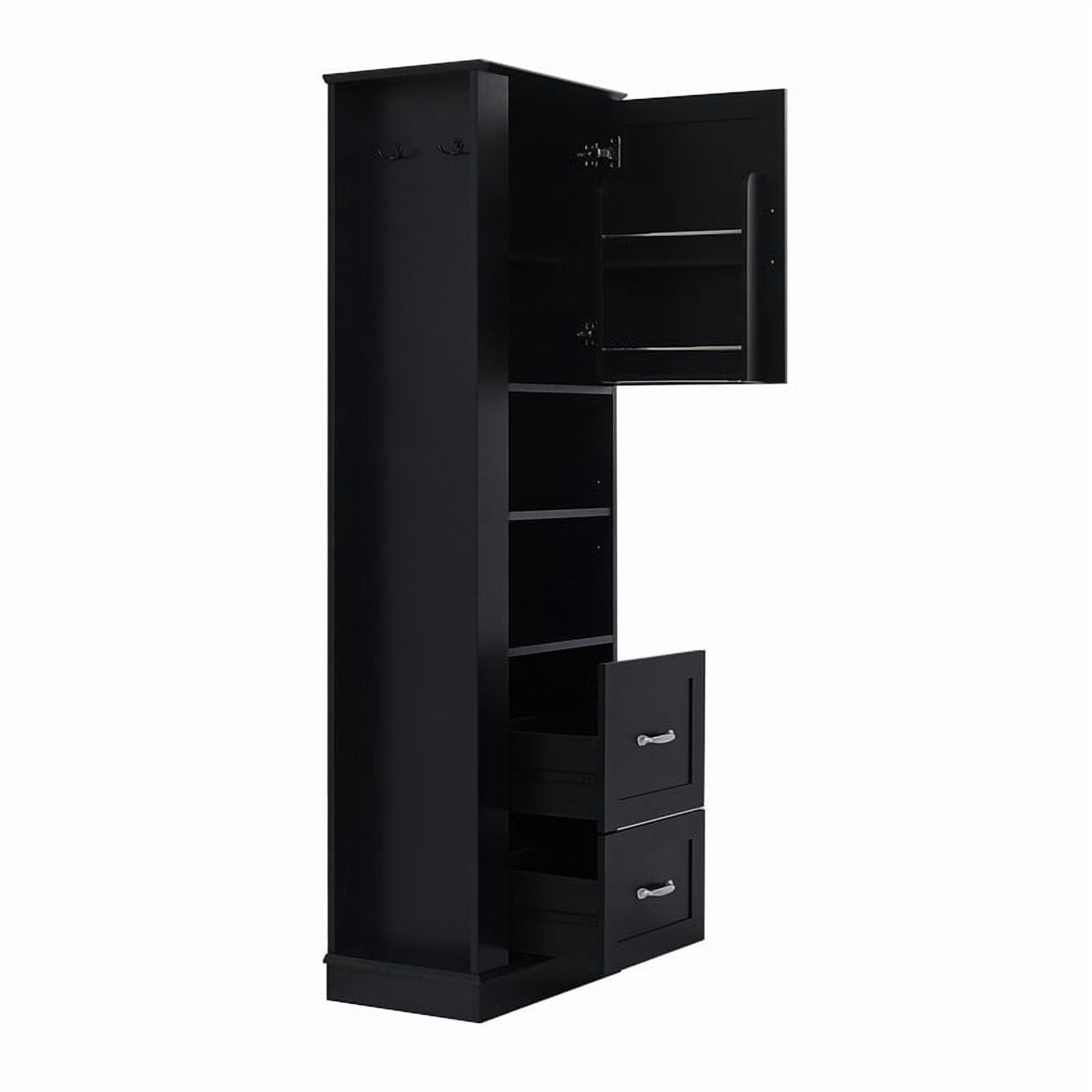Freestanding Bathroom Storage Cabinet, Pantry Sideboard Storage Cabinet with Side Hooks, Drawers & Adjustable Shelf