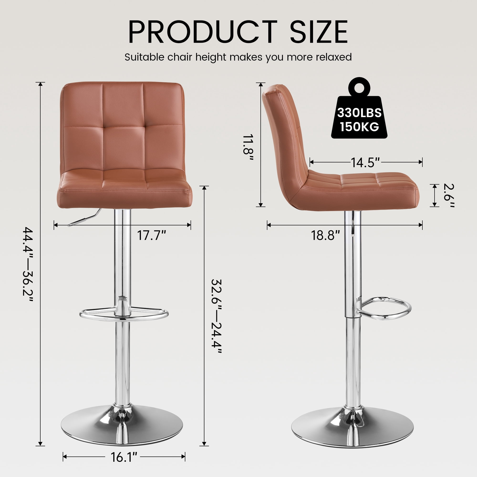 SAETSFEG Bar Stools, Thickened Seat Cushion Adjustable Swivel Bar Stool with Backrest, Counter Height PU Leather Bar Chairs for Kitchen Island, Dining Room, Brown